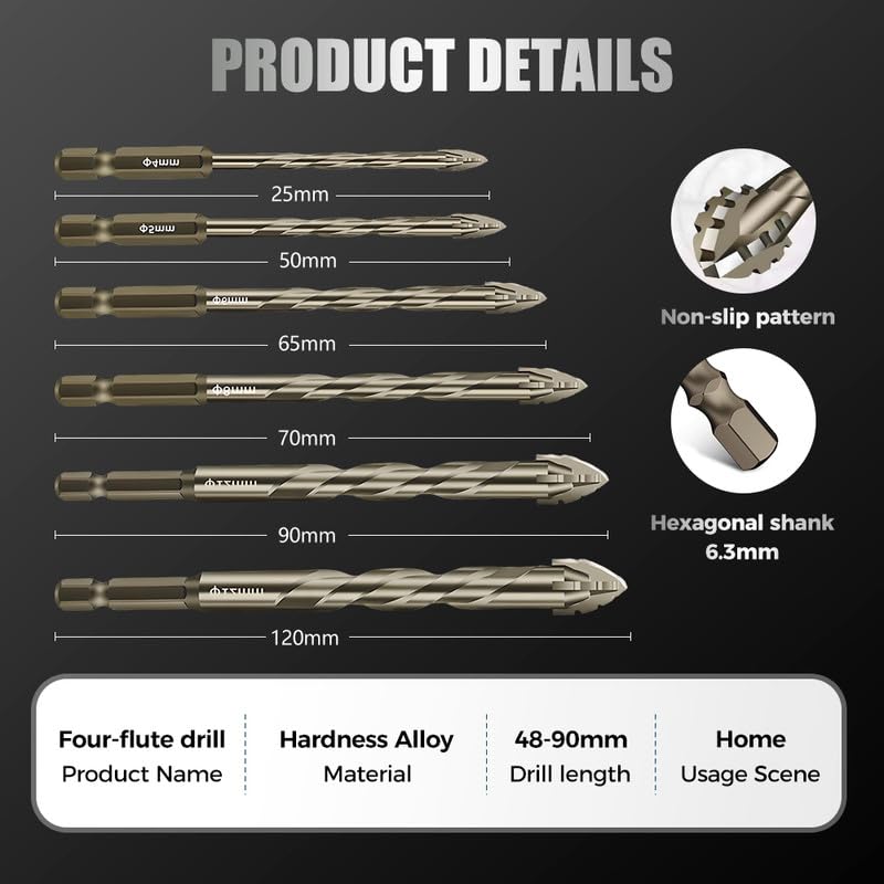 High-Strength 4-Flute Serrated Eccentric Drill Bit Kit, Four-Flute Sawtooth Eccentric Drill Bit, Masonry Concrete Drill Bits Set for Tile Brick Glass