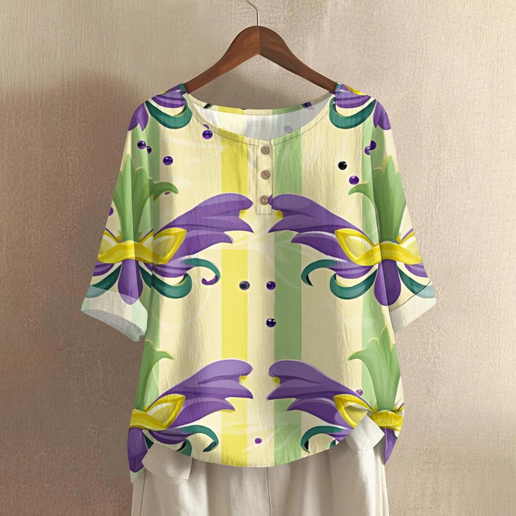 Women's Fashionable And Casual Shirt 3/4 Sleeve Round Neck Print Blouse Top