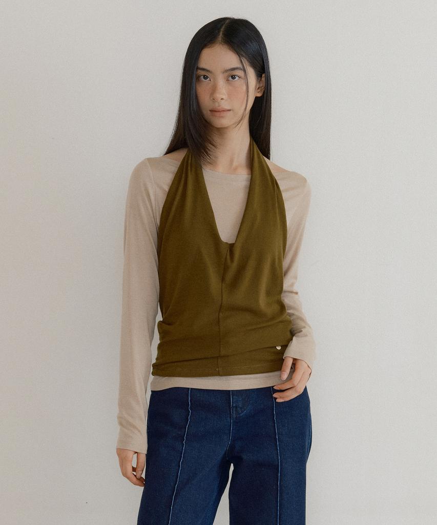 LUCIR ZU Cowl Tank & Boatneck Top Set (Olive)