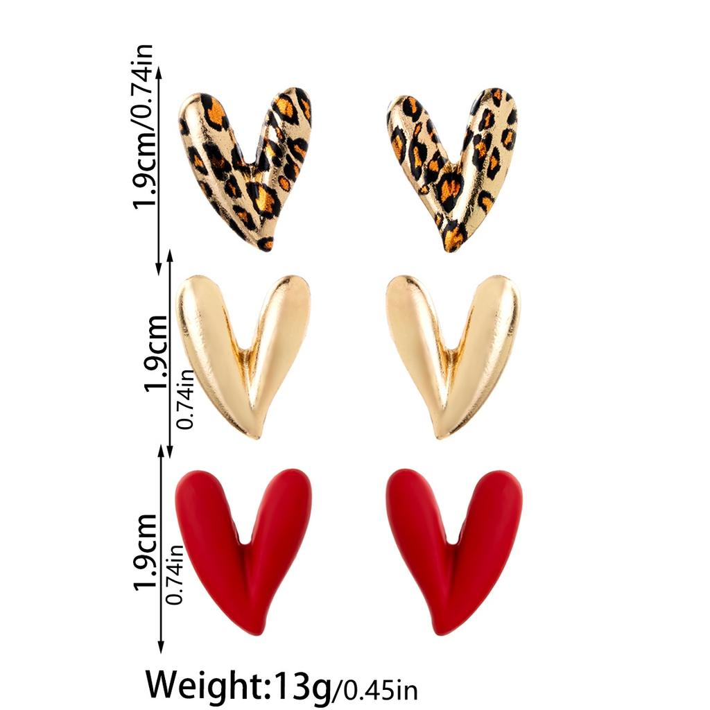3 Pairs of Personalized and Versatile Leopard Print Heart-shaped Women's Earrings Set, Red Spray Painted Earrings