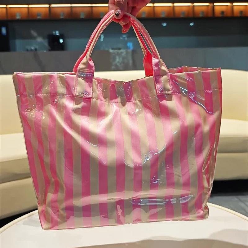 Stylish Striped Pvc Tote Bag Large-capacity Handbag Lightweight Portable Travel Shoulder Bag Casual Waterproof Shopping Bag