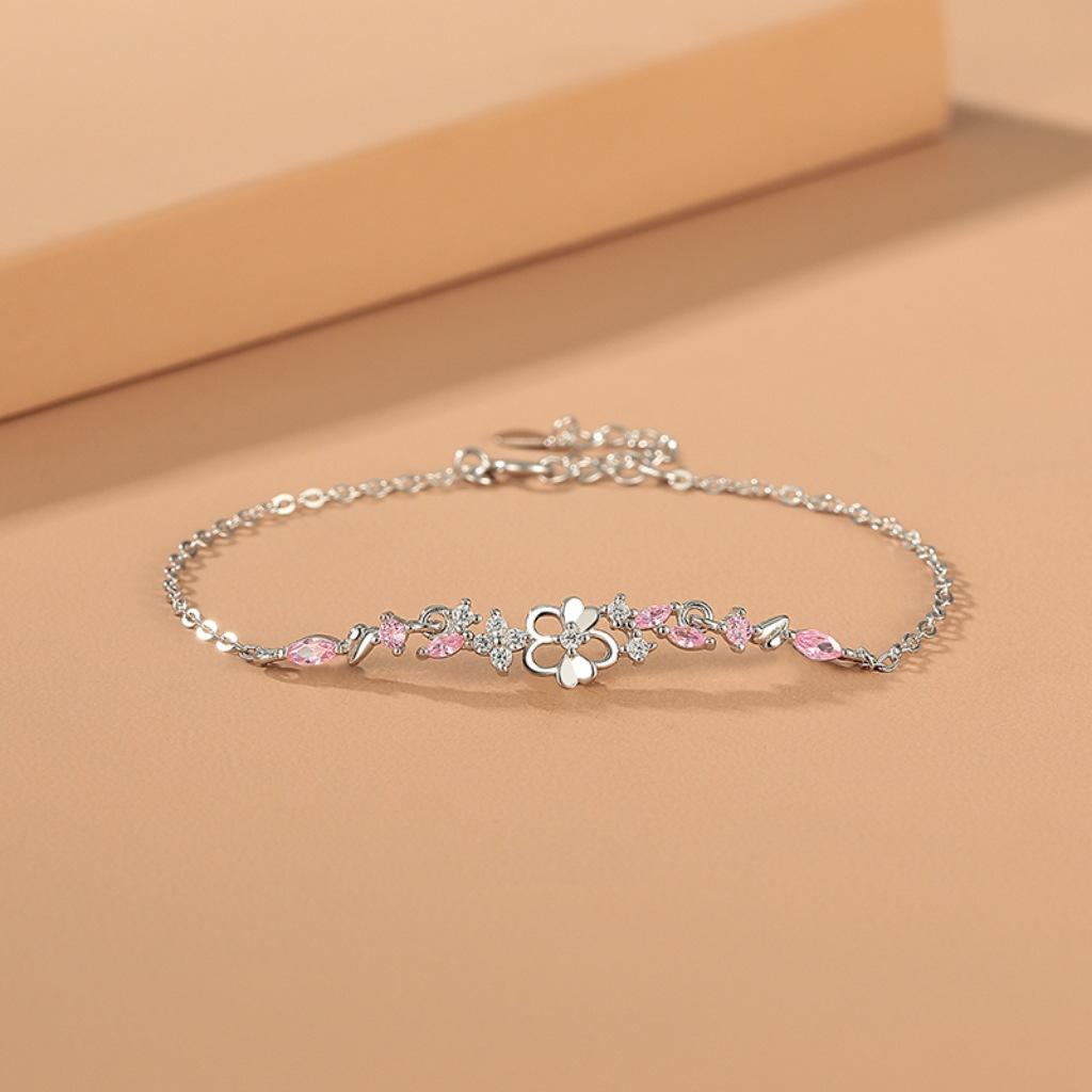 S925 Sterling Silver Peach Blossom Bracelet for Women Elegant Micro Inlaid Zirconia Minimalist Delicate Jewelry