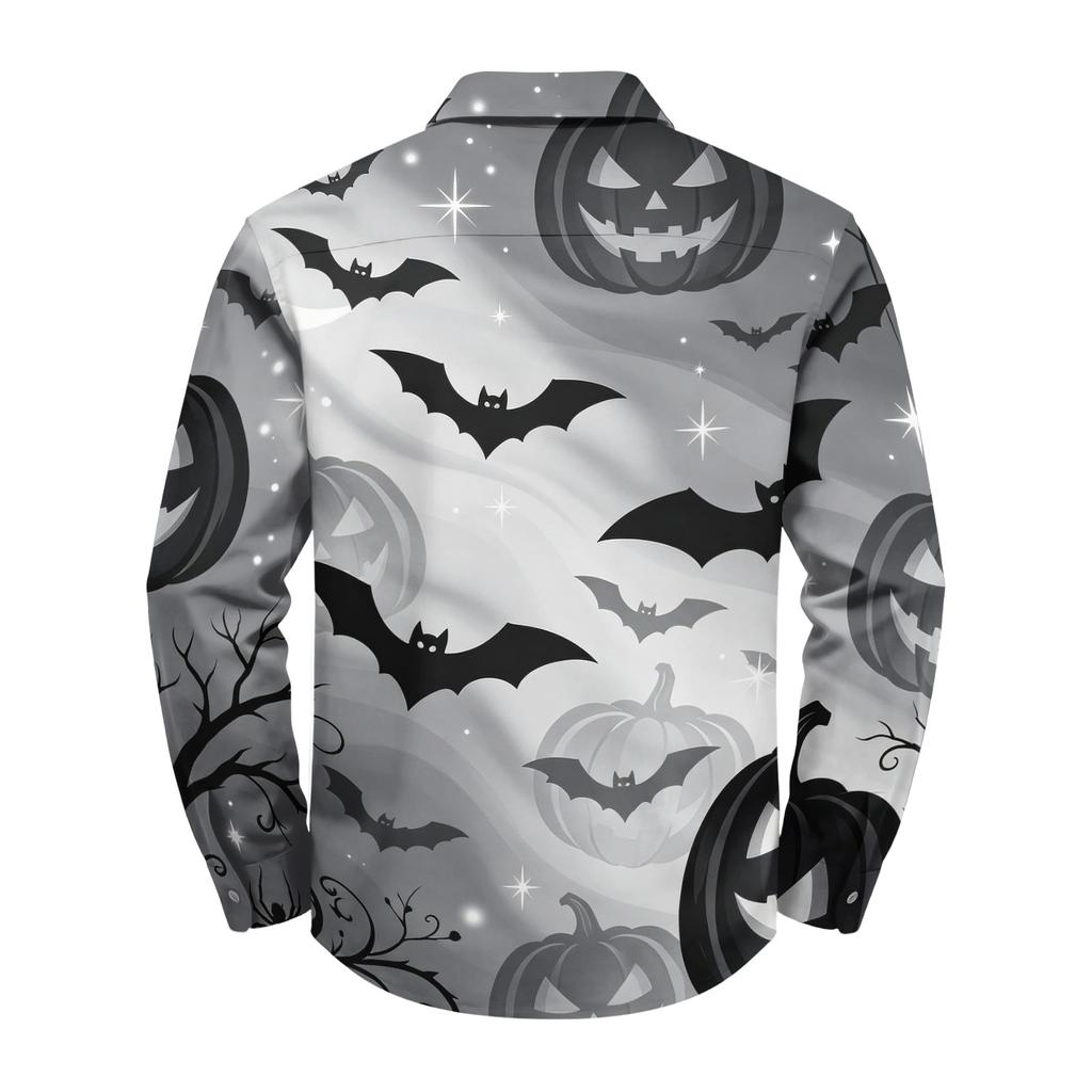 Men's Loose Fit Long Sleeve Shirt with Classic Collar Halloween Print Vintage Casual Button Down Shirt for Spring Autumn Daily Wear