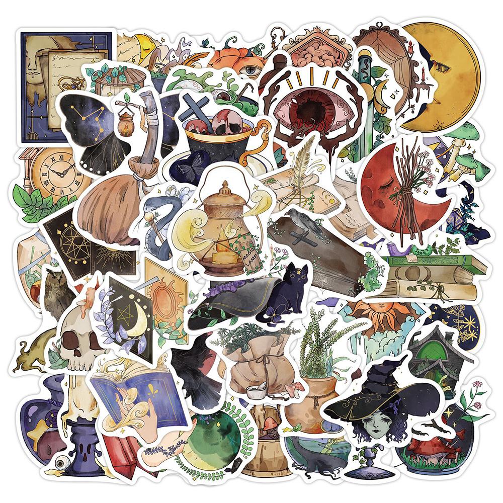 10/30/50pcs Retro Watercolor Witch Graffiti Stickers Halloween Cartoon Sticker Motorcycle Phone Suitcase Waterproof Decals Pack