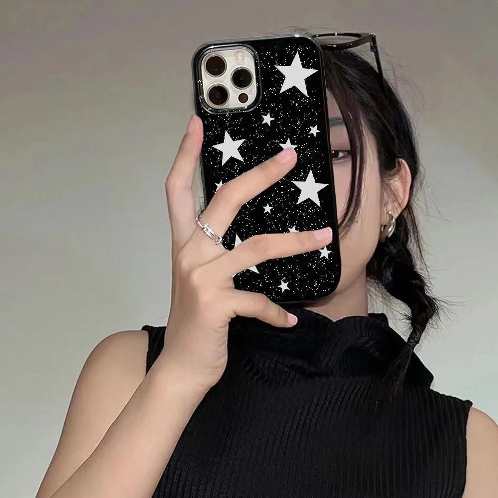 Cool Stars Gloss Black Stylish Ins Phone Case For iPhone 16 15 14 13 12 11 Pro Max XR XS Max 7 8 Plus Y2K Shockproof Soft Cover