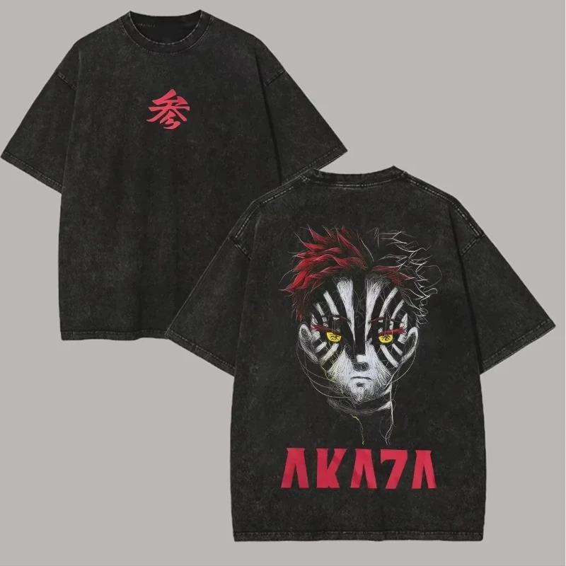 Demon Slayer Akaza Oboustranný Grafický Potisk Vintage Vypraná Nadměrná Anime Streetwear Tričko