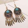 Turquoise Bohemian Owl Feather Tassel Earrings - Bronze Geometric Carved Design with Palm and Dreamcatcher Elements