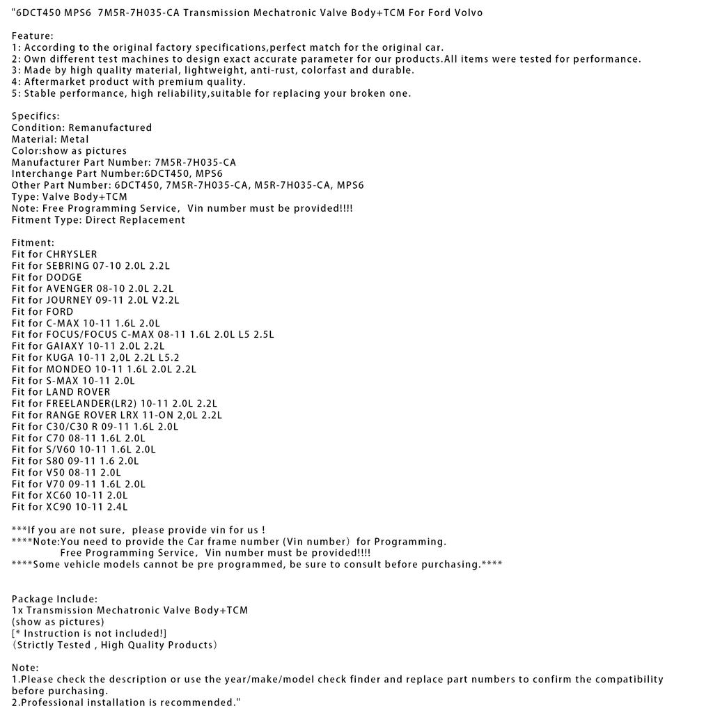 6DCT450 MPS6  7M5R-7H035-CA Transmission Mechatronic Valve Body+TCM For Ford