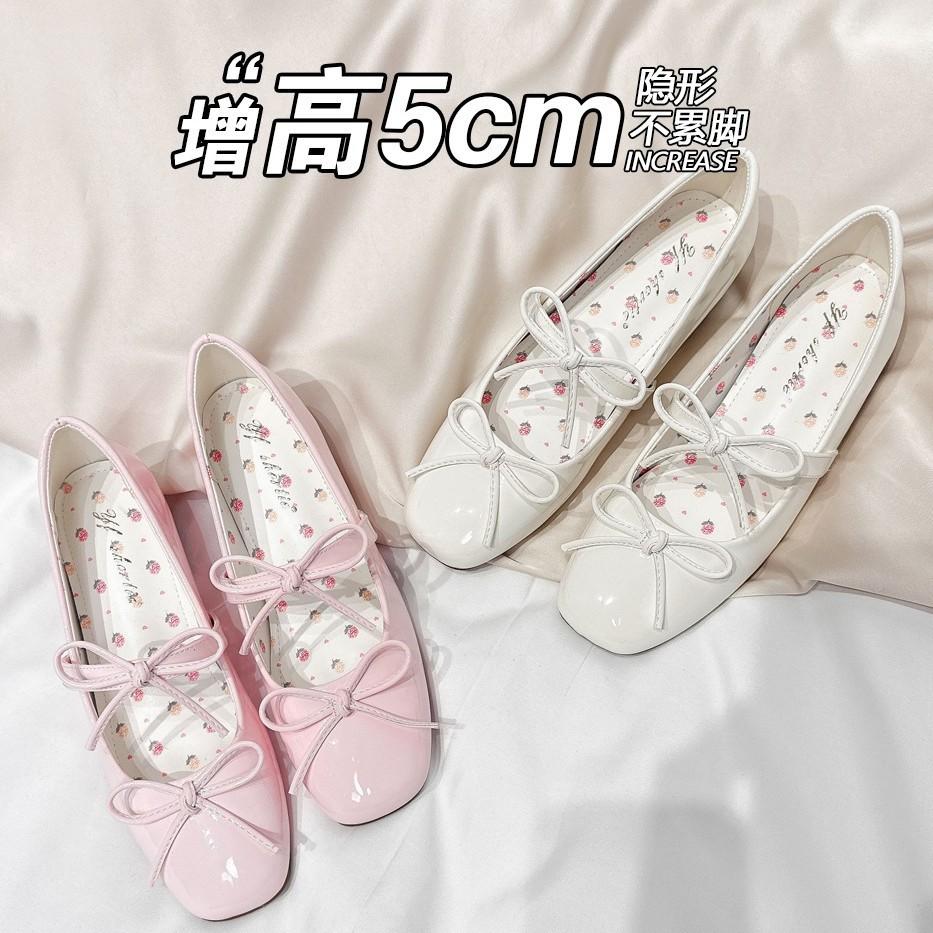 Sheepskin version~ Small inner height increase leather single shoes women's bow Mary Jane shoes summer with skirt small leather shoes
