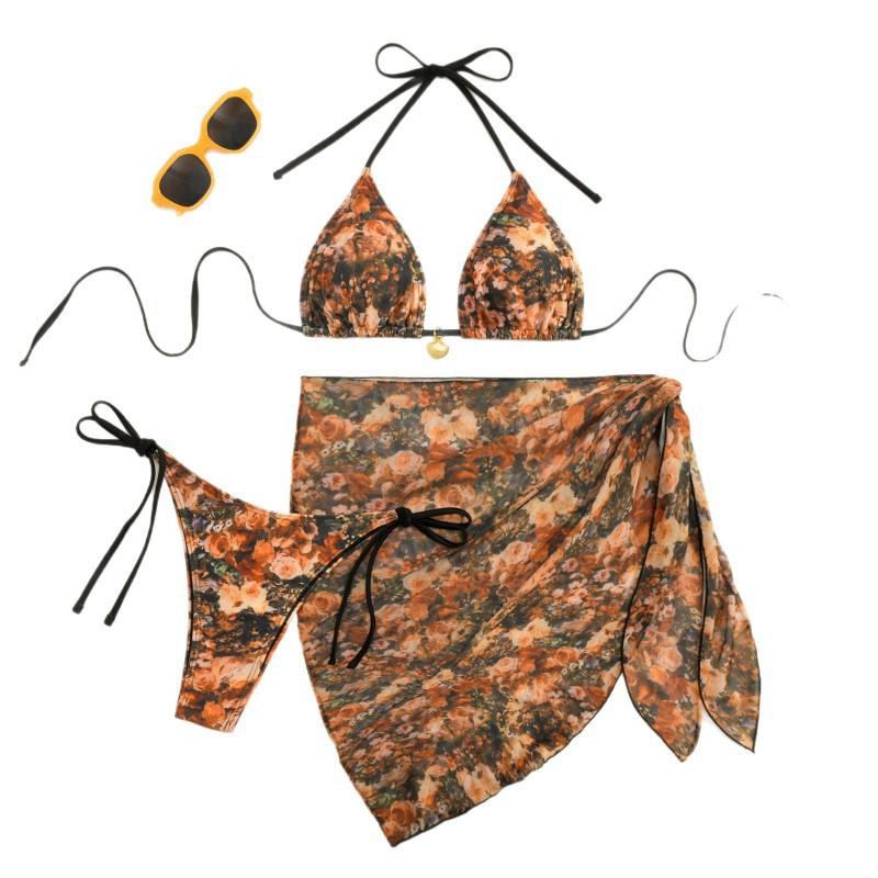 Sexy Chiffon Half Skirt Beach Wrap Three-piece Swimsuit Women Bikini2026