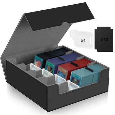 Deck Case Holds Over 4 Trading Card PU 12 Cards with Dividers 3,000 Cards, Rows, Built-in Magnet, Case, Leather, (Black + Gray)