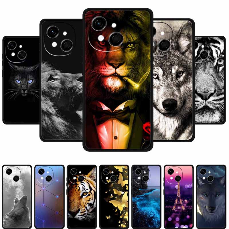 Black Silicone Case For Tecno Spark 40C Cases Wolf Luxury Protective Soft Back Cover For Tecno Pop 9 4G Case 6.67" Animal Fundas