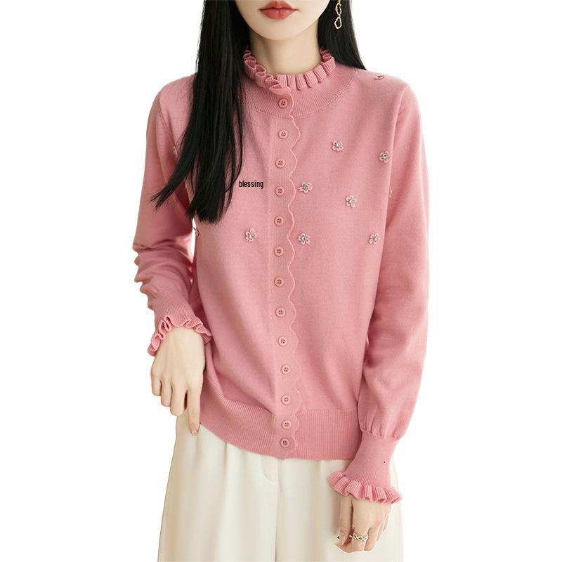 2026 Spring Women's Knitwear: Lace Ruffle Collar Cardigan Sweater, Button-Up Coat, Korean Style