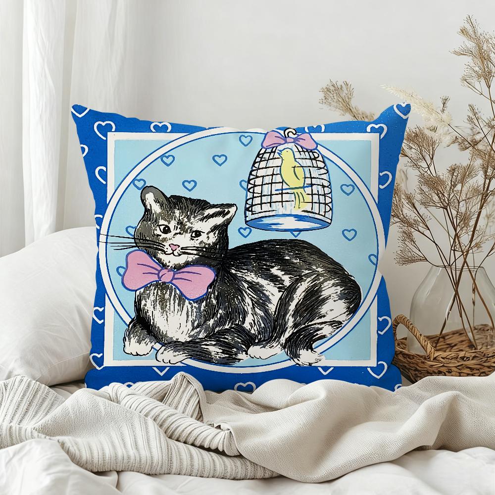 Vintage Cat and Canary Pillow Case Bedroom Sofa Living Room Backrest Decoration Square Cushion Nap Time
