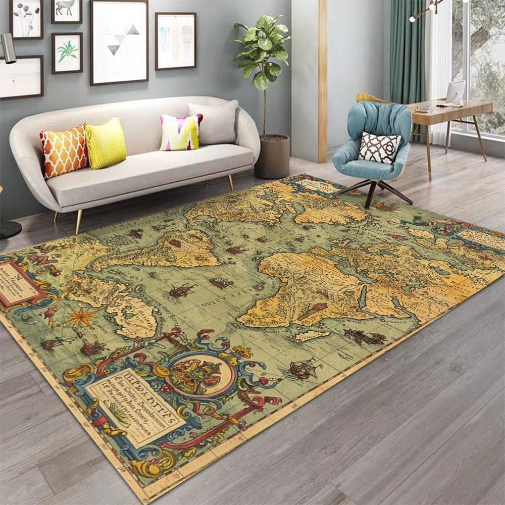 Vintage World Map Carpet Antique Design Large Area Rug Non Slip Floor Mat for Living Room Library Home Decor
