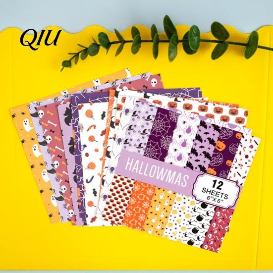 Halloween Collage Paper 12 Sheets Scrapbook Set, 6x6in Double-Sided Craft Paper, Pumpkin Ghost Bat Pattern Decorative for Journal, Card Making,