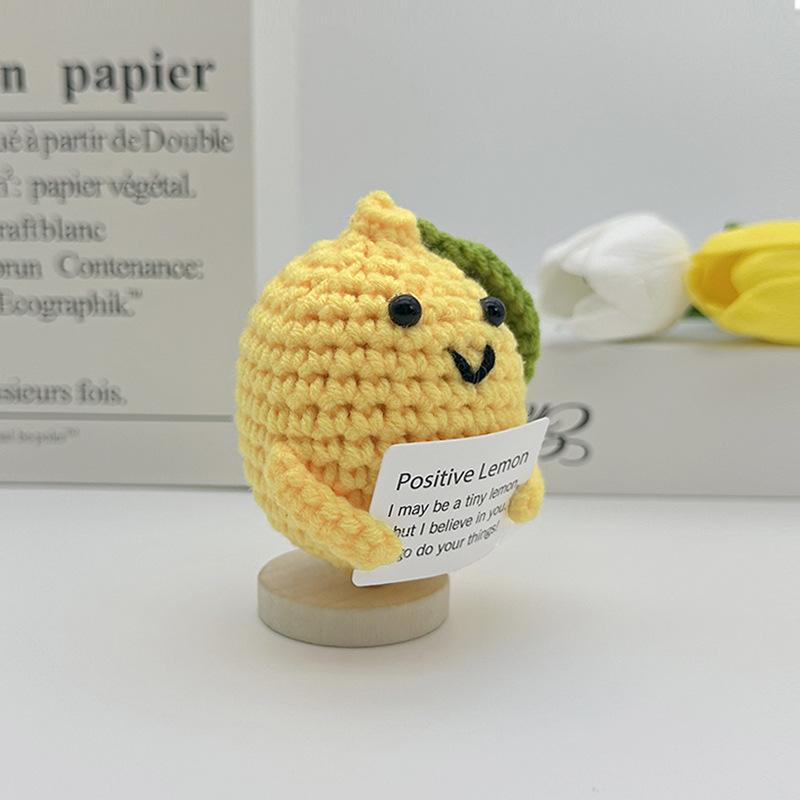 Cute Handmade Knitted Positive Lemon Fruit Doll With Card Home Room Decoration Funny Wool Crochet Lemon Desktop Ornament Gifts