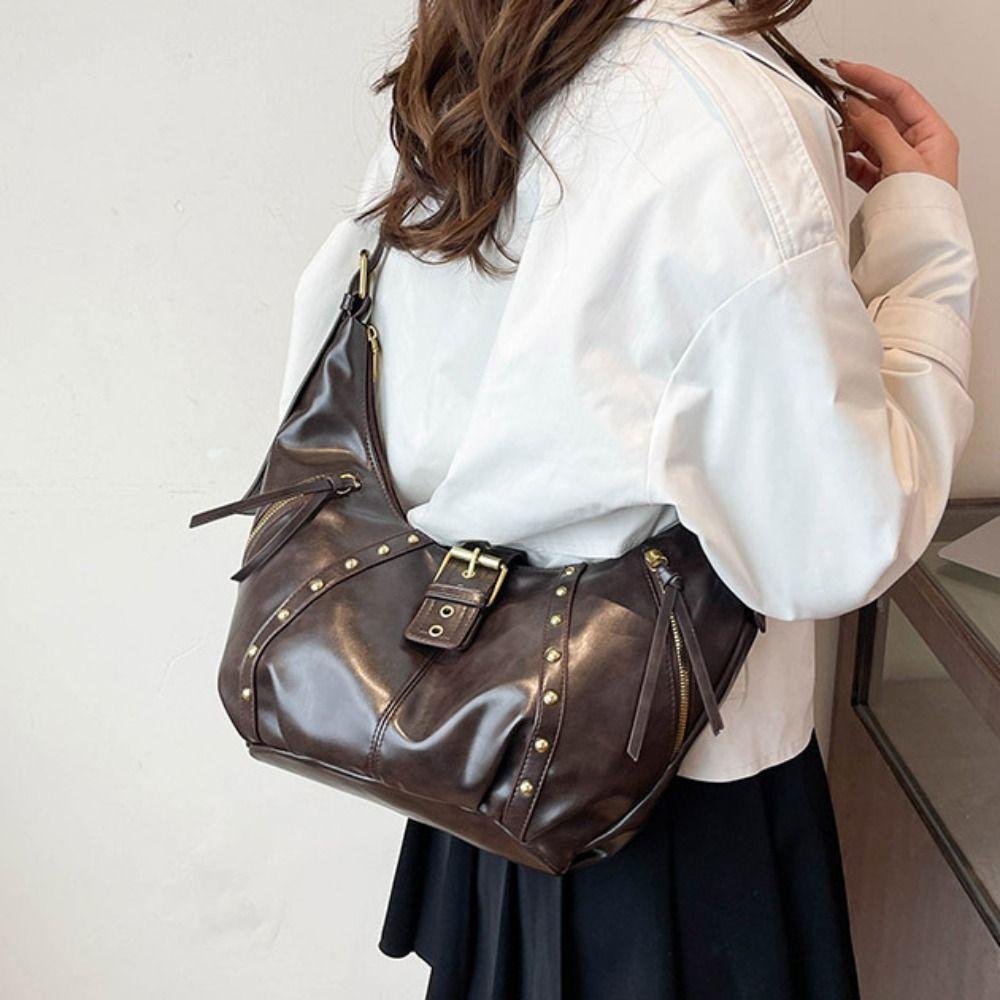 Oil Wax LeatherRetro American Style Locomotive Style Underarm Bag Y2K Shoulder Bag Travel