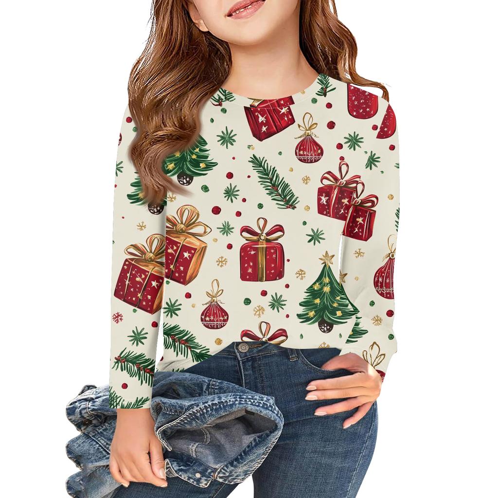 Christmas Day Girls Long Sleeve T Shirts Kids Fall Tops Crewneck Printed Basic Tees