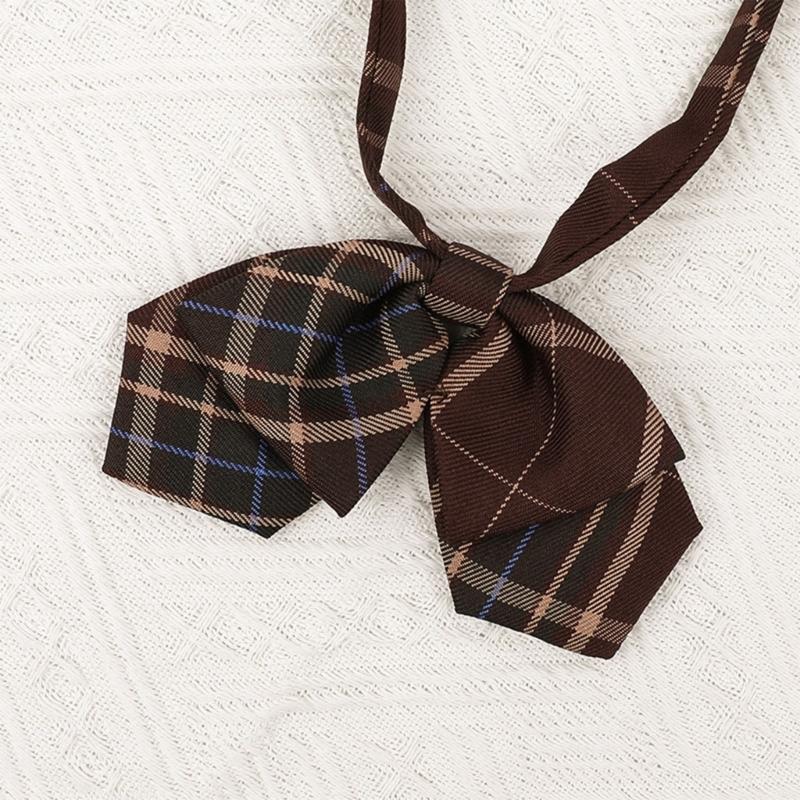 Brown Checkered Striped Neck Tie Pre-Tied Bowtie for Japanese JK School Uniform