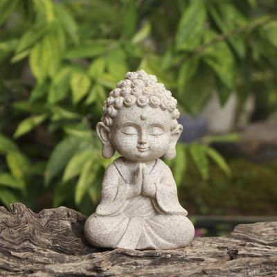 Mini Faux Sandstone Buddha Statue, Small Zen Monk Praying Sculpture, Resin Feng Shui Ornament for Wealth, Good Luck, Home Office Car Decor