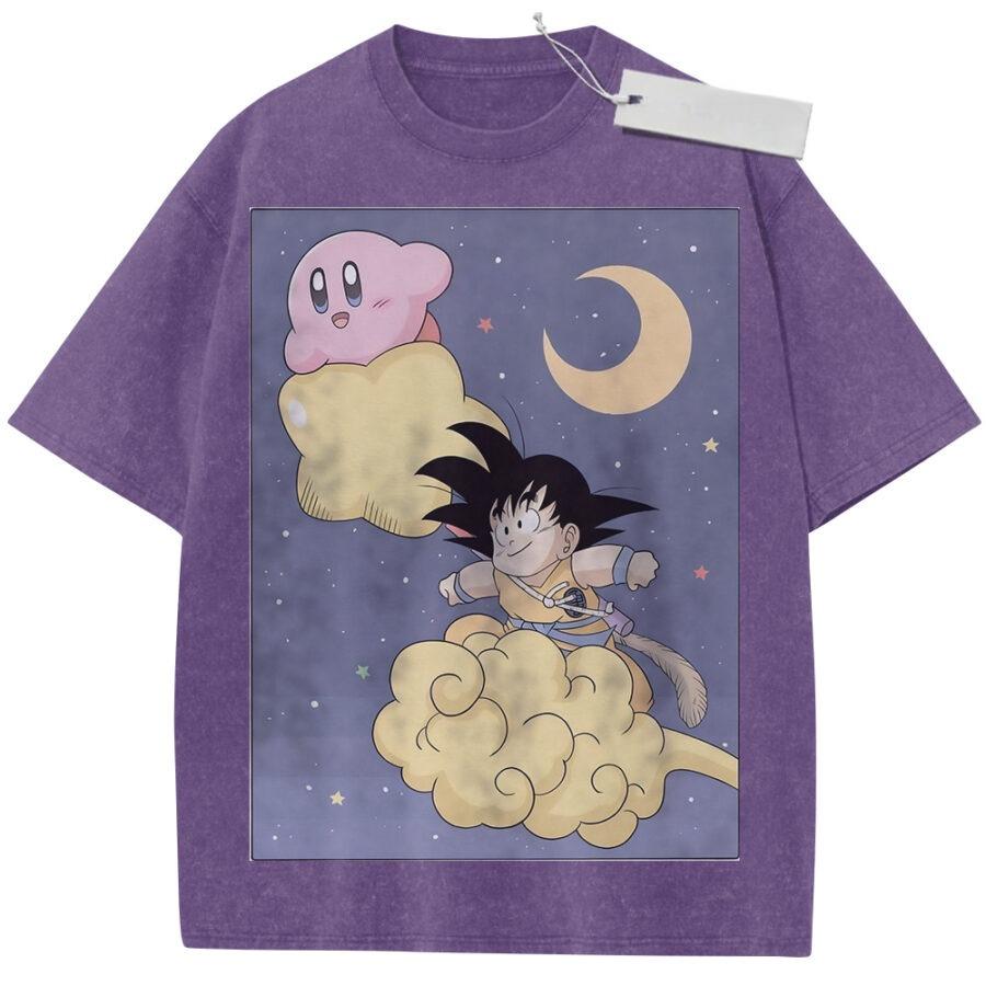 Summer Mens Beige Washed T Shirt Dragon Ball Kirby Goku Cloud Moon Stars Crossover Print High Quality Fabric