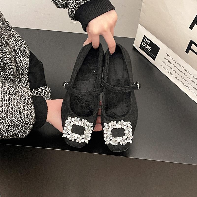 

Вечерний темперамент низкая роскошь туфли Мэри Джейн осень и зима 2025 новые толстый каблук квадратный носок стразы шерстяные с открытым верхом одинарные туфли женские 35 чёрный