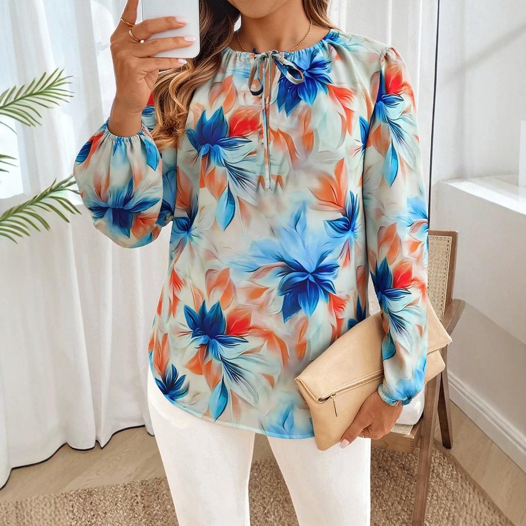 Europe, America Spring and Summer New Flower Printing Casual Loose Long-sleeved Top Women