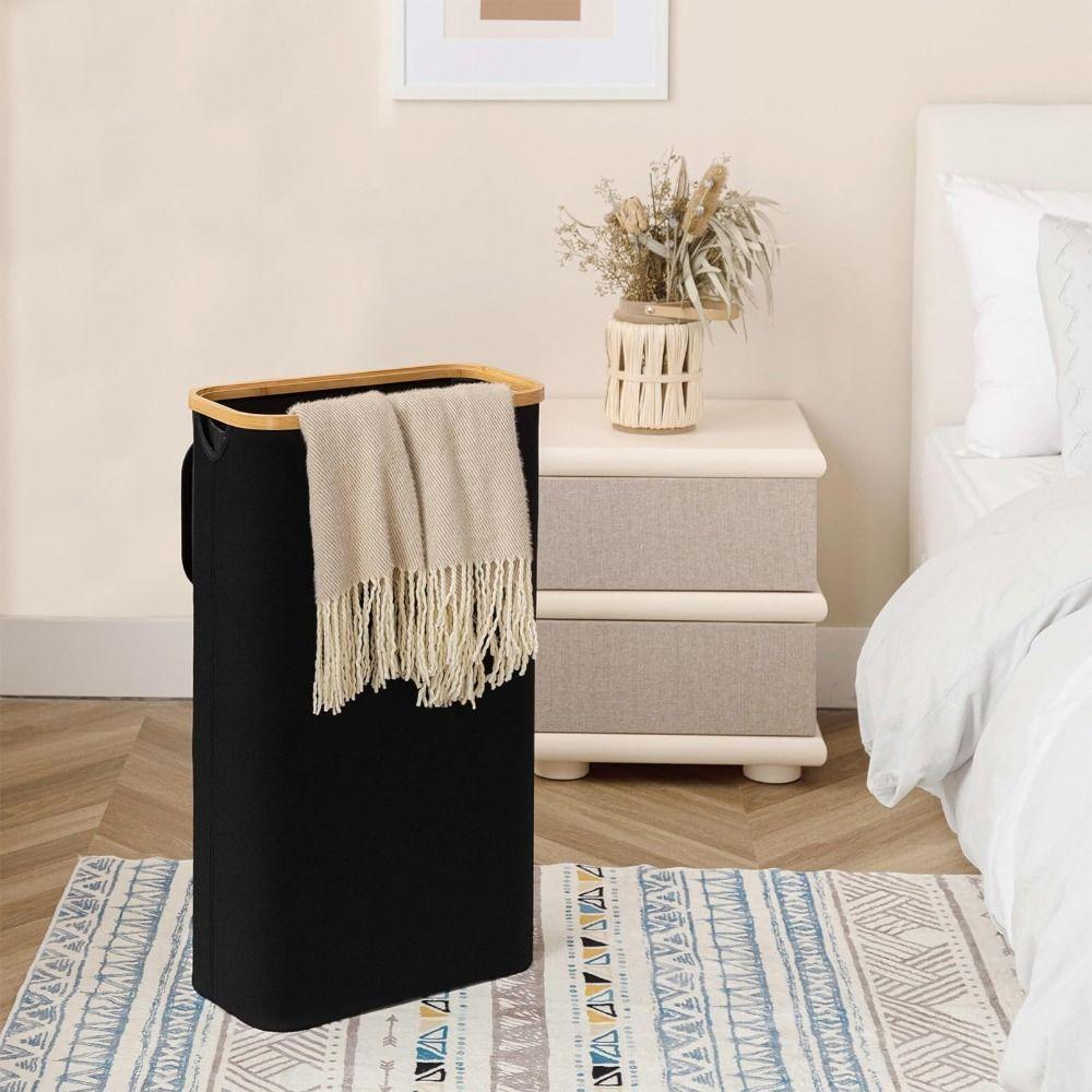 Schlanker Wäschekorb mit Deckel und Bambusgriffen, zusammenklappbarer Wäschekorb, Behälter für Handtücher