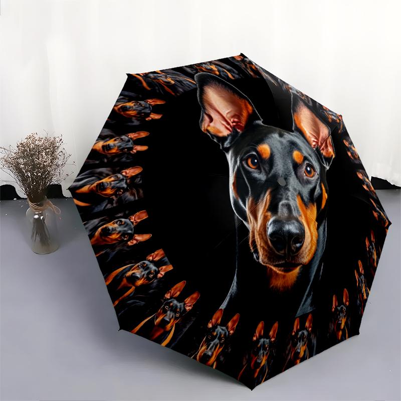 Black Puppy pattern, automatic folding umbrella, portable and foldable design, 8 ribs, a Christmas or birthday gift.