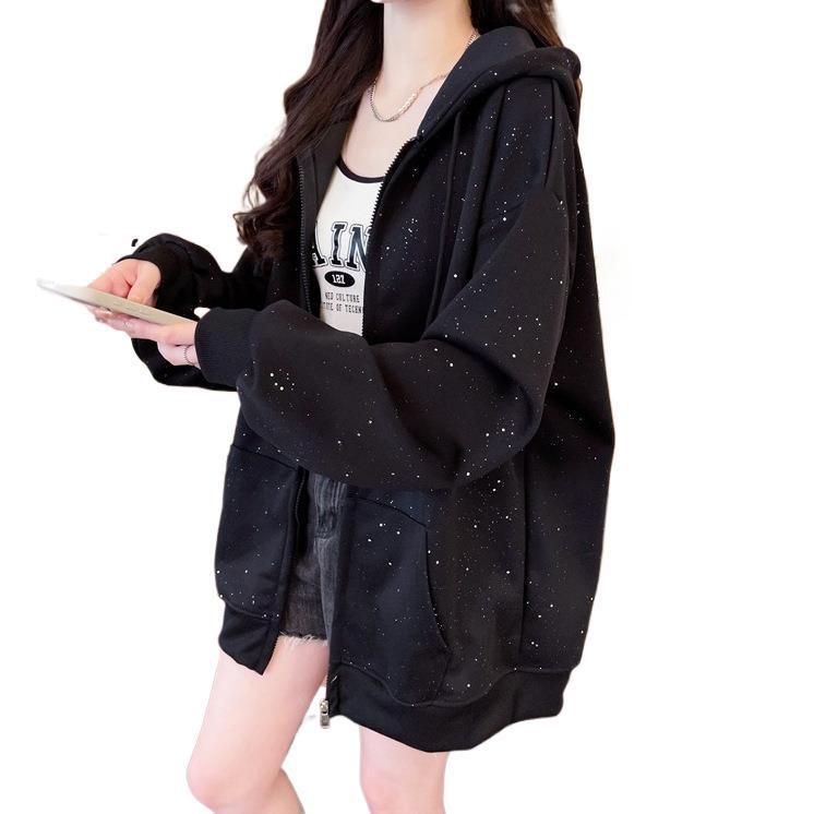 Women's Plus Size Sparkly Starry Sky Zipper Hoodie - Korean Style, Loose Fit for Spring & Autumn