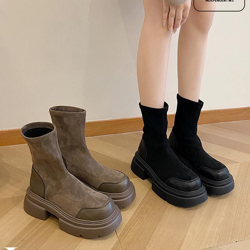 Retro Martin Boots Women's Autumn New Warm Versatile Thick-soled Thick-heeled Short Boots Elastic Thin Boots