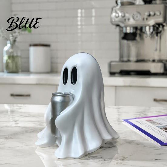 Halloween Themed Home Decor Ghost Figurine with Drinks Resin Statue Cute Spooky Desktop Table Ornament for Party Tabletop Decorations And