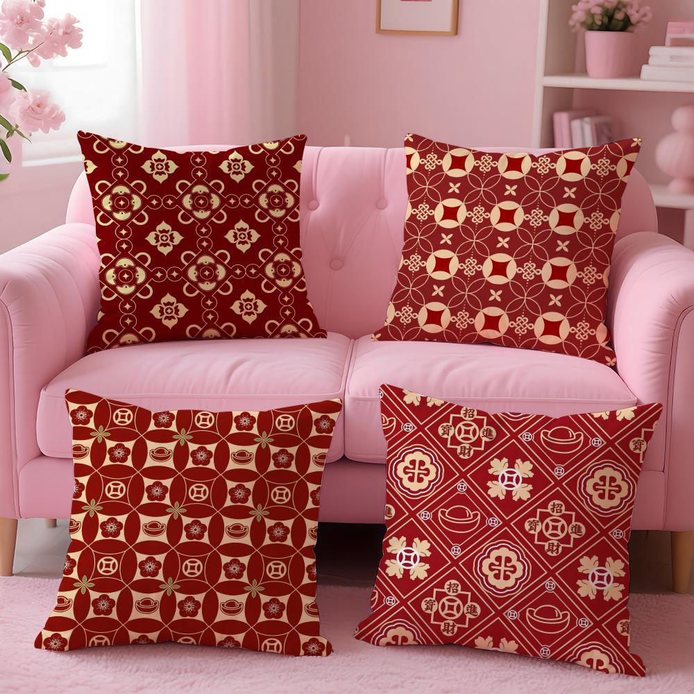 Chinese Style Red Retro Cushion Cover Short Plush Double-Sided Printing Home Machine Washable In Warm Winter Cushion Cover