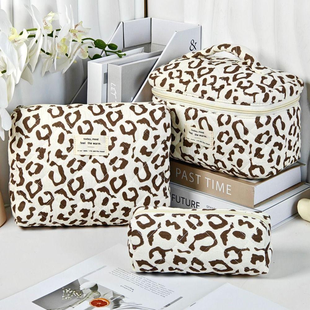 Quilted Cotton Handheld Makeup Bag Leopard Print Large Capacity Toiletry Bag Zipper Closure Portable Cosmetic Storage Organizer