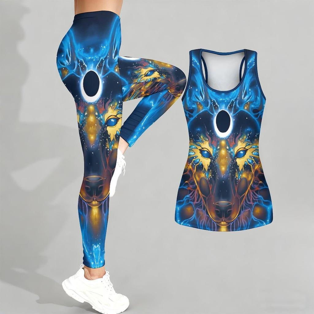 Wild Wolf Pattern Print Yoga Outfit for Women Fashion Workout Leggings Fitness Sports Casual Yoga Set Sports Suit
