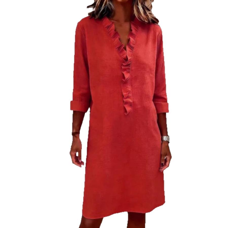 Spring New Fashion Slimming Women's Wood Ear Trim Long Sleeve Cotton Linen Shirt Dress