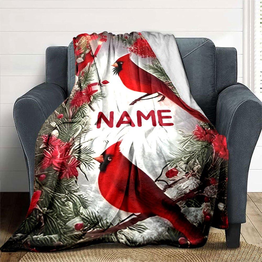 Cardinals Amidst Festive Red Flowers And Greenery With A Snowy Backdrop Multi Purpose Customizable Blanket Customize Your Name Soft Warm Cozy Throw