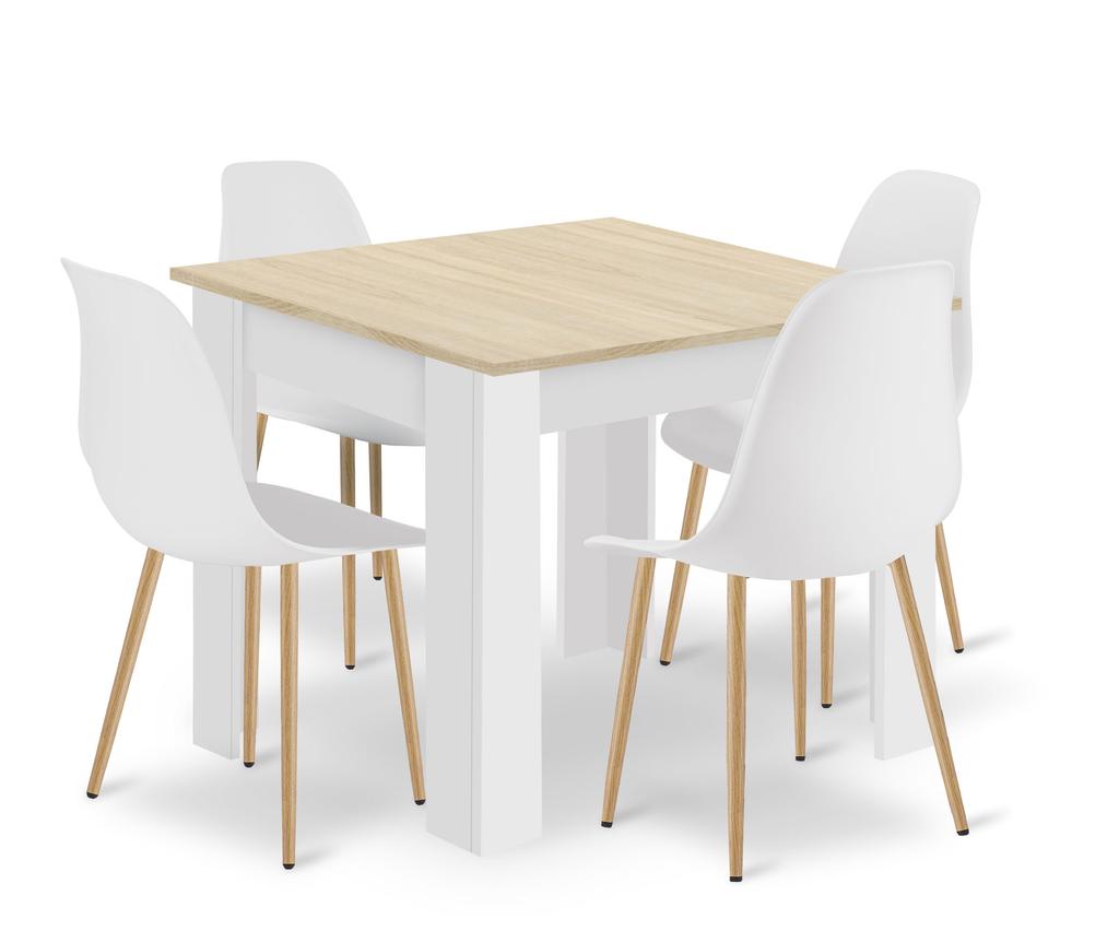 Set Of Np Table 80X80Cm Sonoma Oak + White + 4 Wat White Chairs / Natural Legs