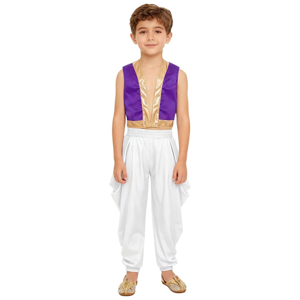 Dětský arabský cosplay kostým Sada Volná vesta Saténové dhoti kalhoty Elastický pas Široké kalhoty Halloweenský převlek