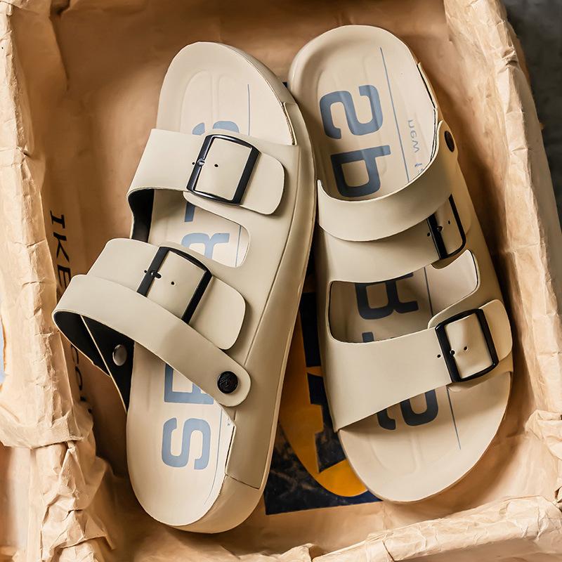 

High-end summer slippers men s wear non-slip and wear-resistant beach shoes leather one-word sandals casual trend men s drag 47
