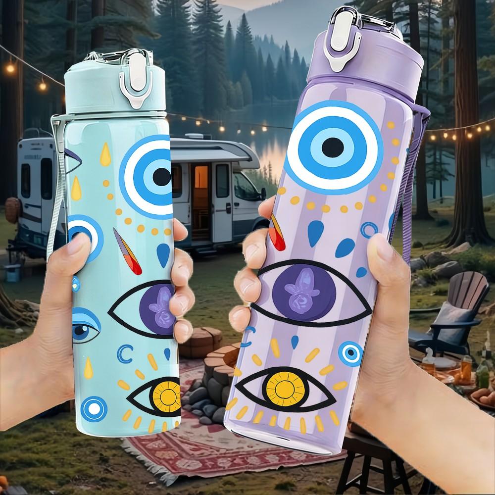 1PC Evil Eye Pattern Art 750ml Color Plastic Sports Water Bottle Leakproof Flip Straw Lid Suitable for Sports Office Home Use