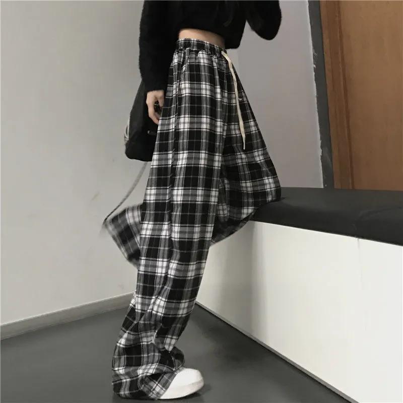 Women Casual Loose Wide Leg Trousers Black and White Plaid Pants Retro Straight Trousers Hip Hop Streetwear Plus Size