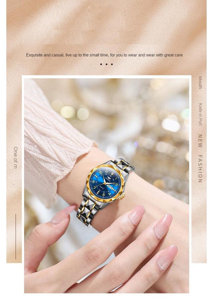 Rhombus Ladies Dual Calendar Waterproof Luminous Wristwatch with Solid Strap - Fashionable Gift for Women