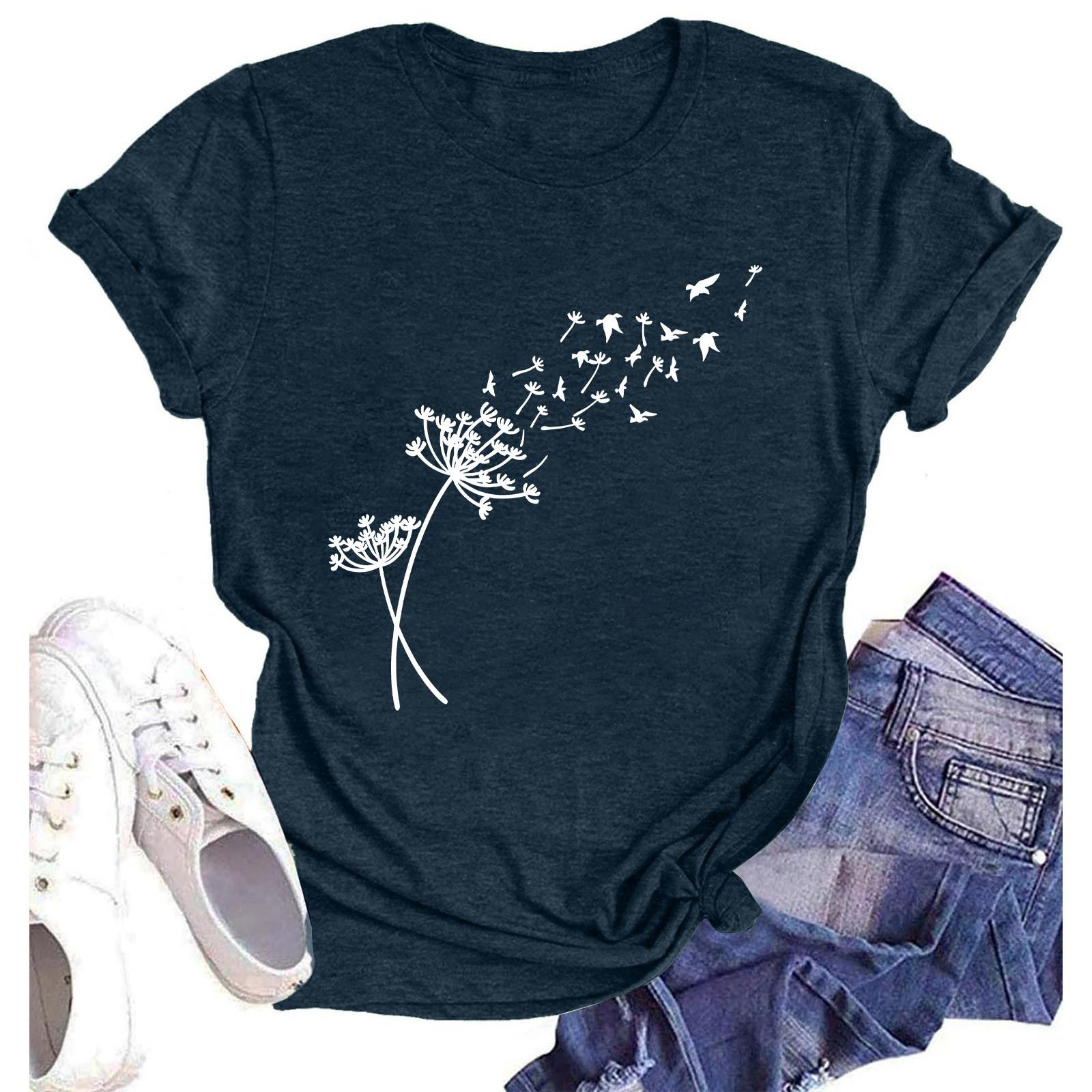 

Женская модная повседневная летняя удобная блузка с круглым вырезом и коротким рукавом с принтом L тёмно-синий