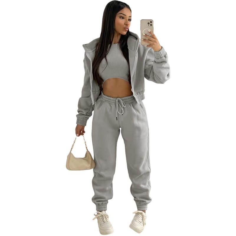 Womens 2026 Warm Fleece-Lined Hooded Sweatshirt Set 3-Piece Casual Streetwear Outfit In Pink Orange Gray Black Brown Khaki
