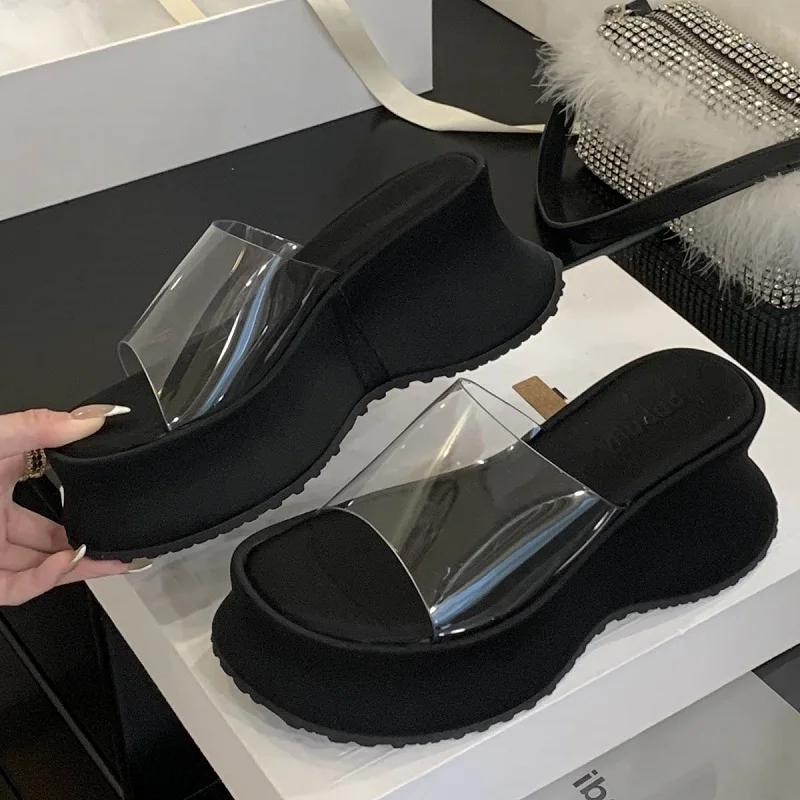Eilyken Sexy PVC Transparen Platform Wedges Women's Slipper Summer Open Toe High Heels Banquet Party Slide Shoes