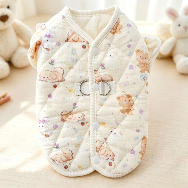 Quilted Cotton Pet Vest with Ruffle Sleeves and Leash D-Rings for Small Dogs and Cats, Autumn Winter Clothing