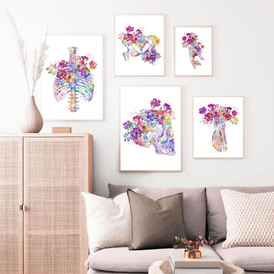 Bone Anatomy Flower Skull Hand Foot Wall Art Canvas Painting Nordic Poster And Prints Wall Pictures For Doctor Room Clinic Decor