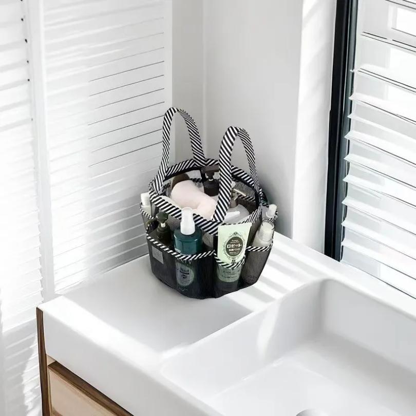 Borsa da Doccia in Rete, Borsa Portatile per Bagno del College, Quick Hold, 8 Tasche a Rete con Gancio per Chiavi e 2 Manici in Oxford - Nero